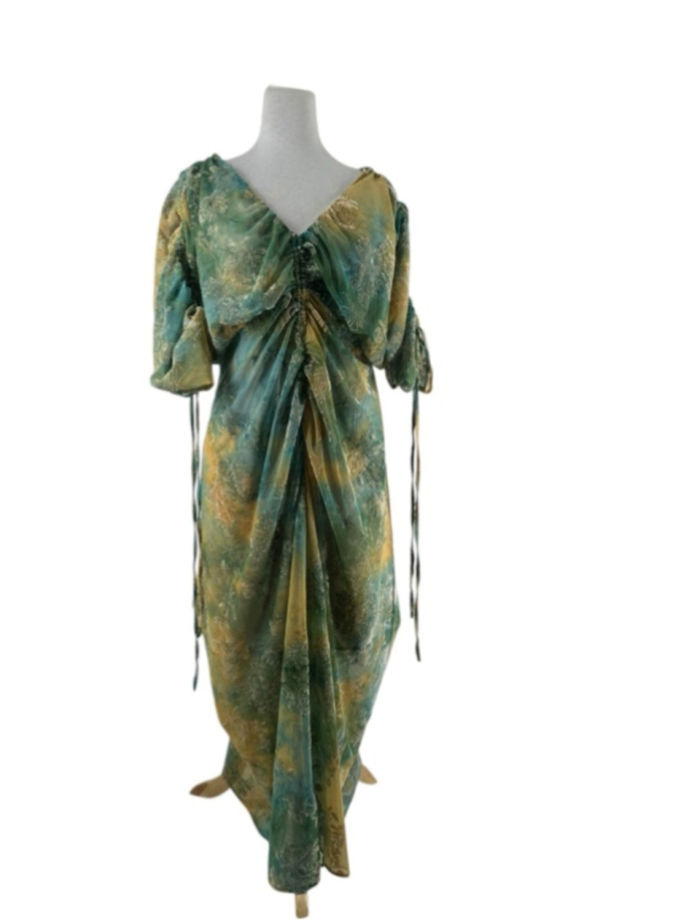 Green Ruched V-Neck Midi Dress - Picture 10 of 14